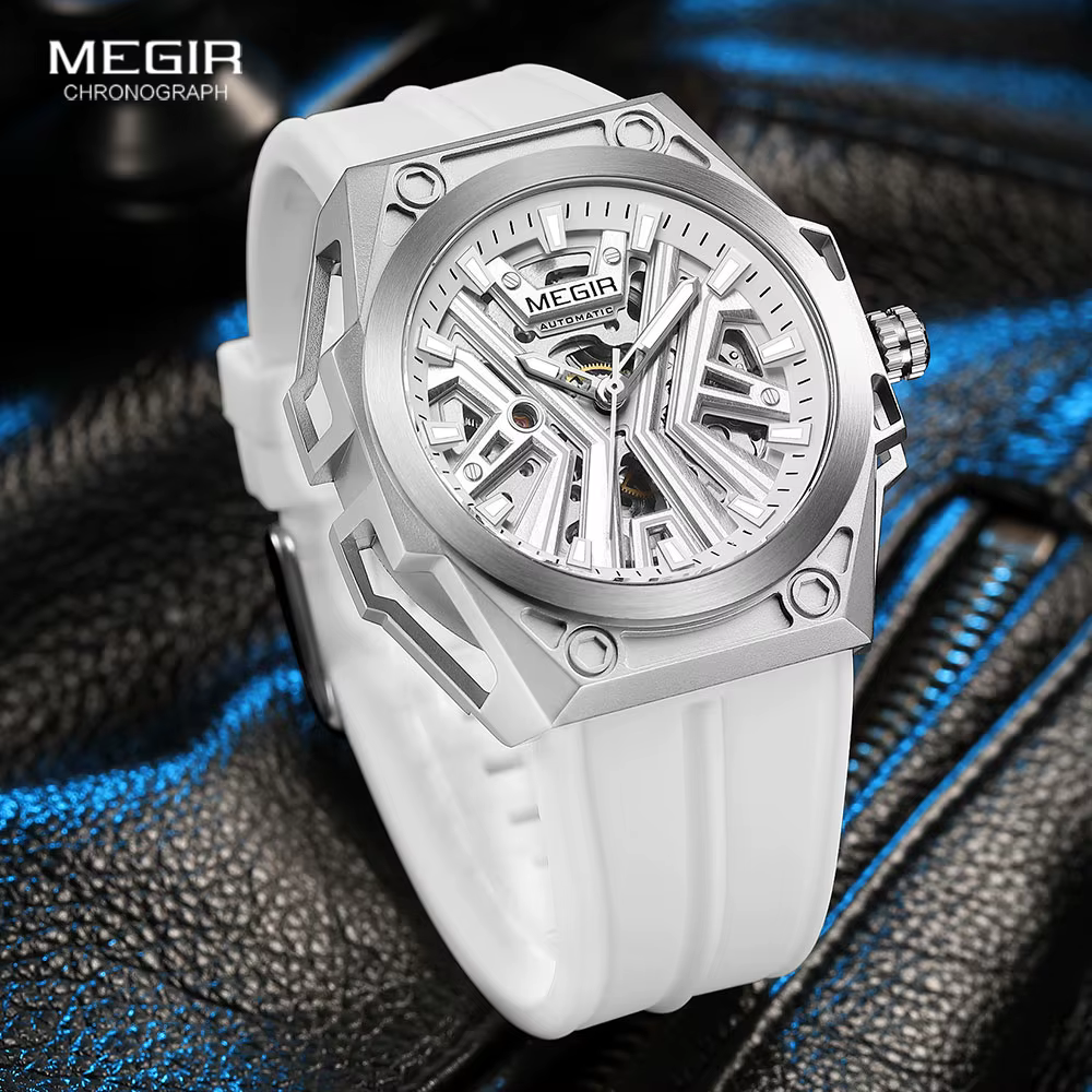 MEGIR montre automatique de mode pour hommes Sport militaire montre-bracelet mécanique étanche avec cadran squelette bracelet en Silicone 8603