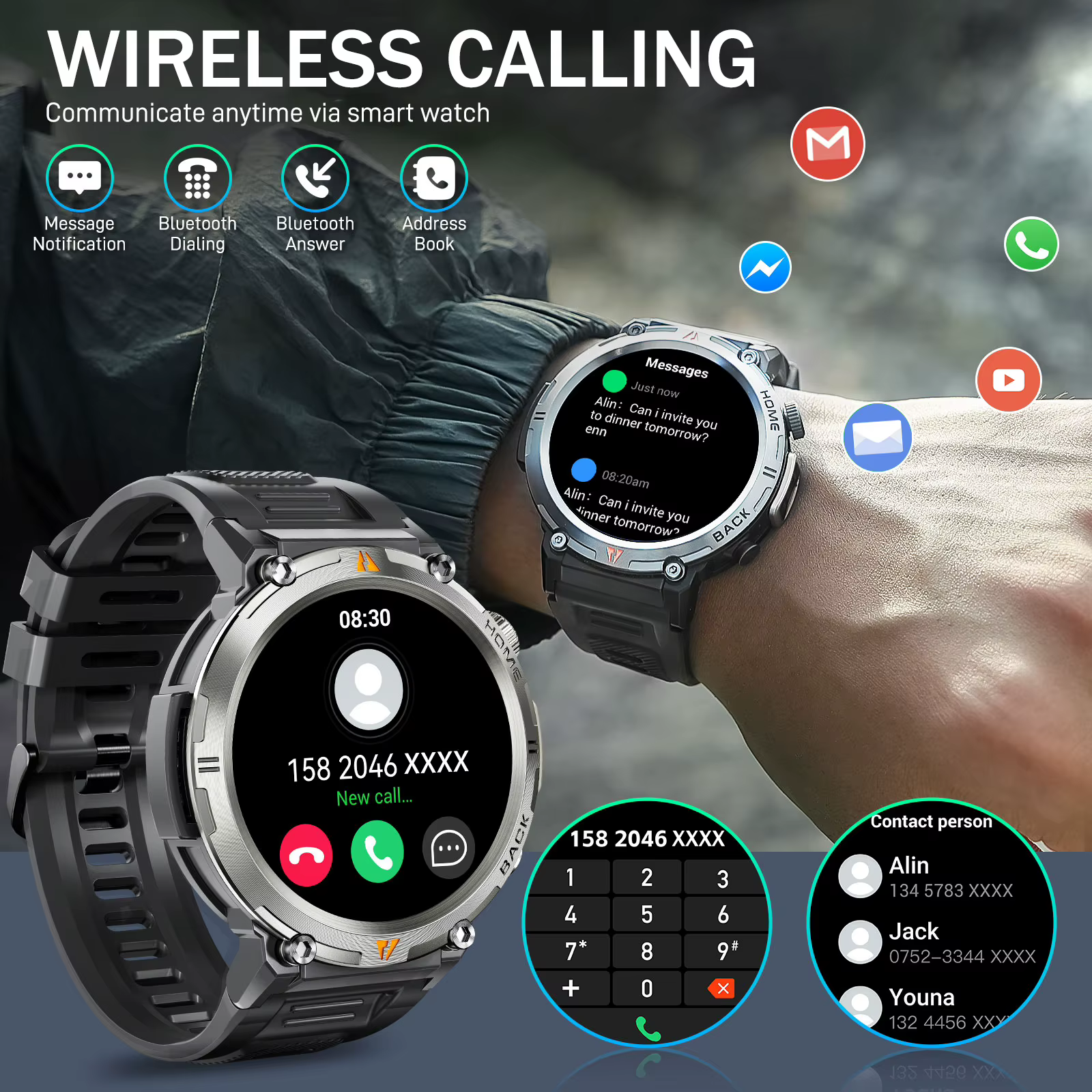 EIGIIS montre intelligente militaire pour hommes avec LED 1.45 " Smartwatch extérieur avec appels Bluetooth moniteur de fréquence cardiaque et de sommeil traqueur d'activité physique