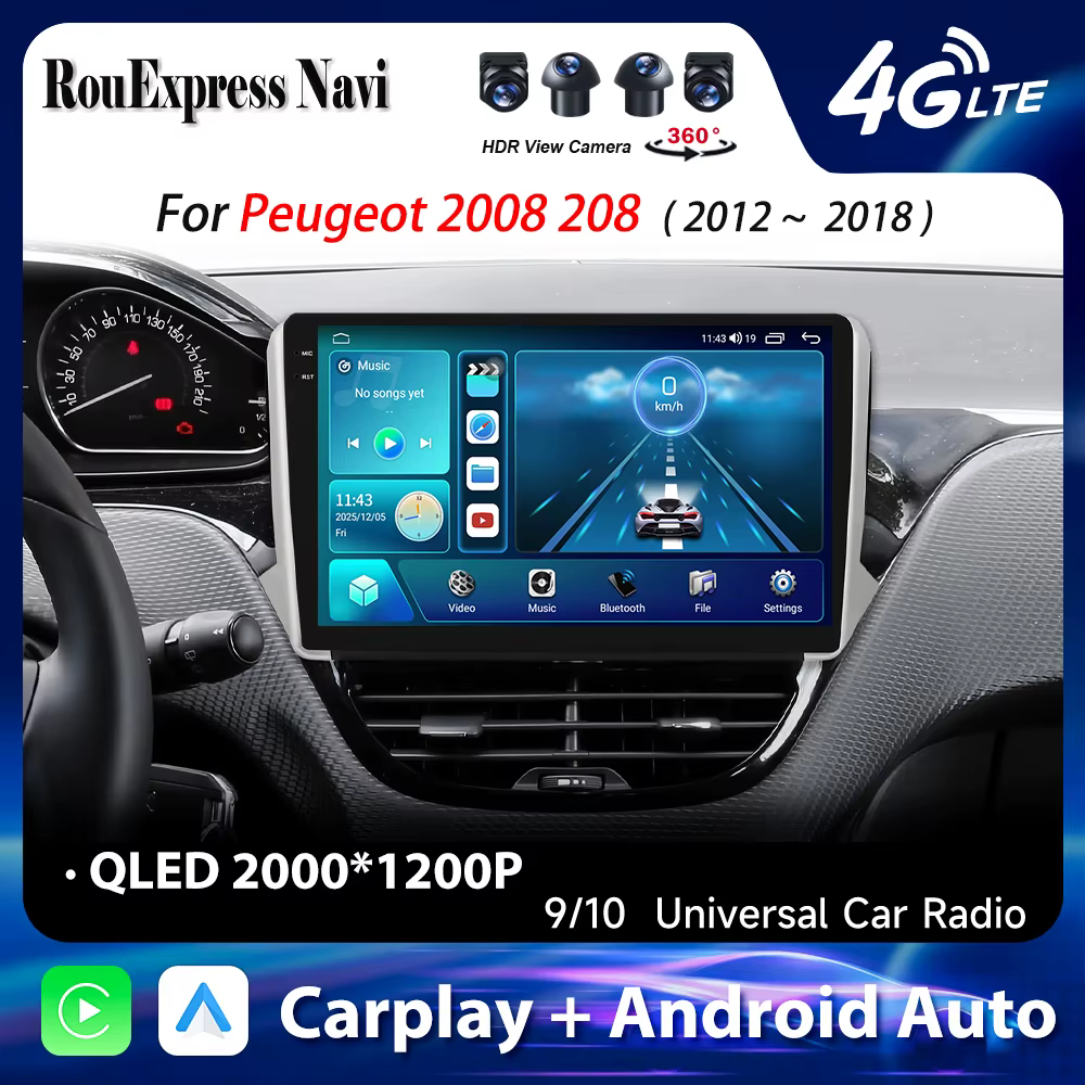 Autoradio Android 16 pour Peugeot 2008 208 2012 2013 - 2018, lecteur multimédia Carplay, navigation GPS, stéréo DVD, caméra embarquée, écran