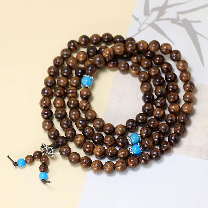 Bracelet Mala en bois pour la guérison spirituelle, 108 perles de prière en turquoise de 8 mm pour l'équilibrage des chakras