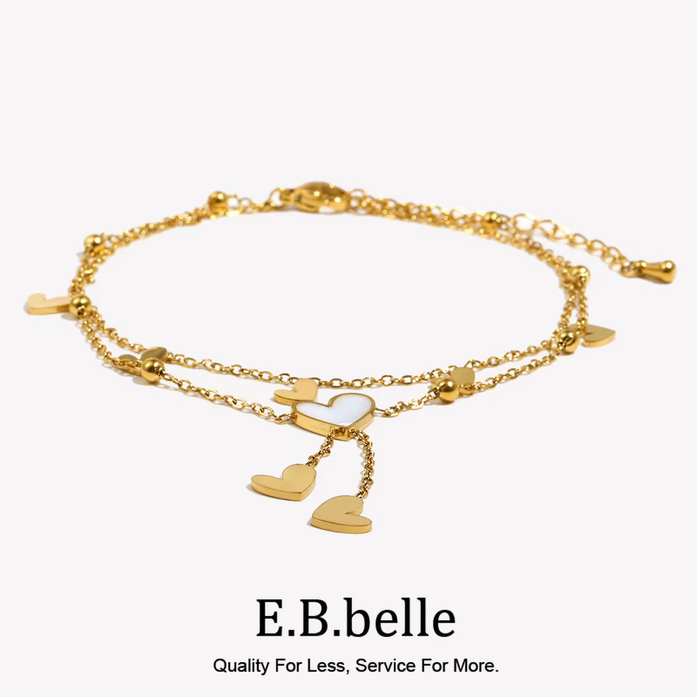 E.B.belle-Bracelet de cheville double couche en forme de cœur pour femme, bracelet de cheville pompon blanc et beige, plaqué or 18 carats, acier inoxydable SION L