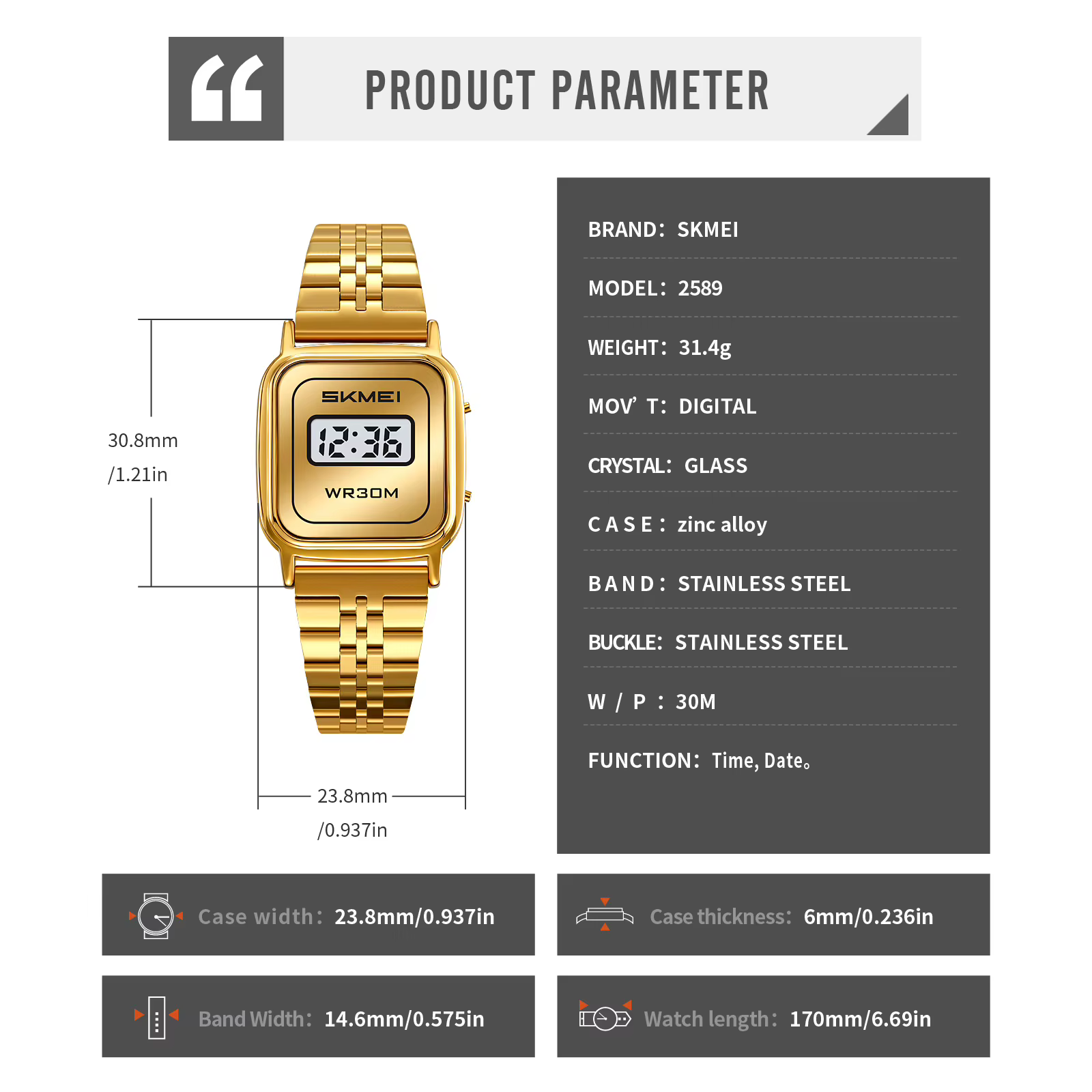 SKMEI 2589 Montre-bracelet numérique de luxe pour femme