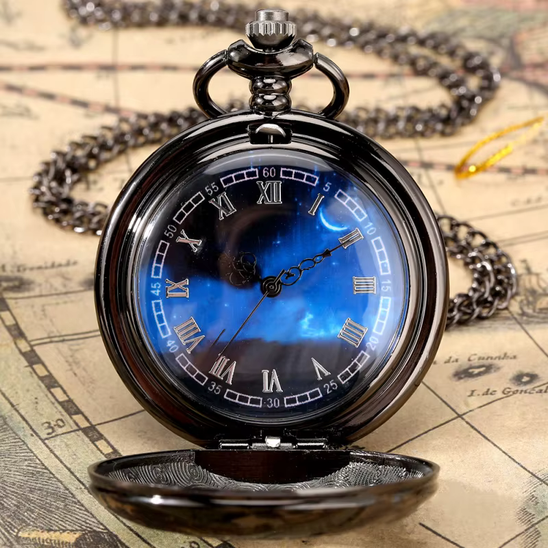 Montre de poche à Quartz creuse noire et argentée
