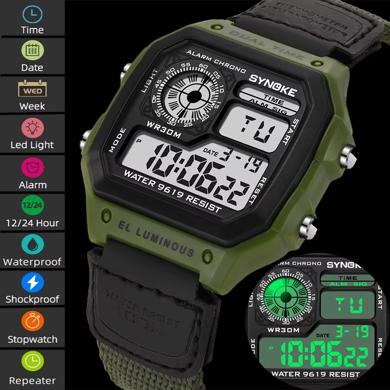 Synoke montre de Sport pour hommes antichoc mode 30M étanche natation montre-bracelet numérique coloré lumière LED mâle réveil