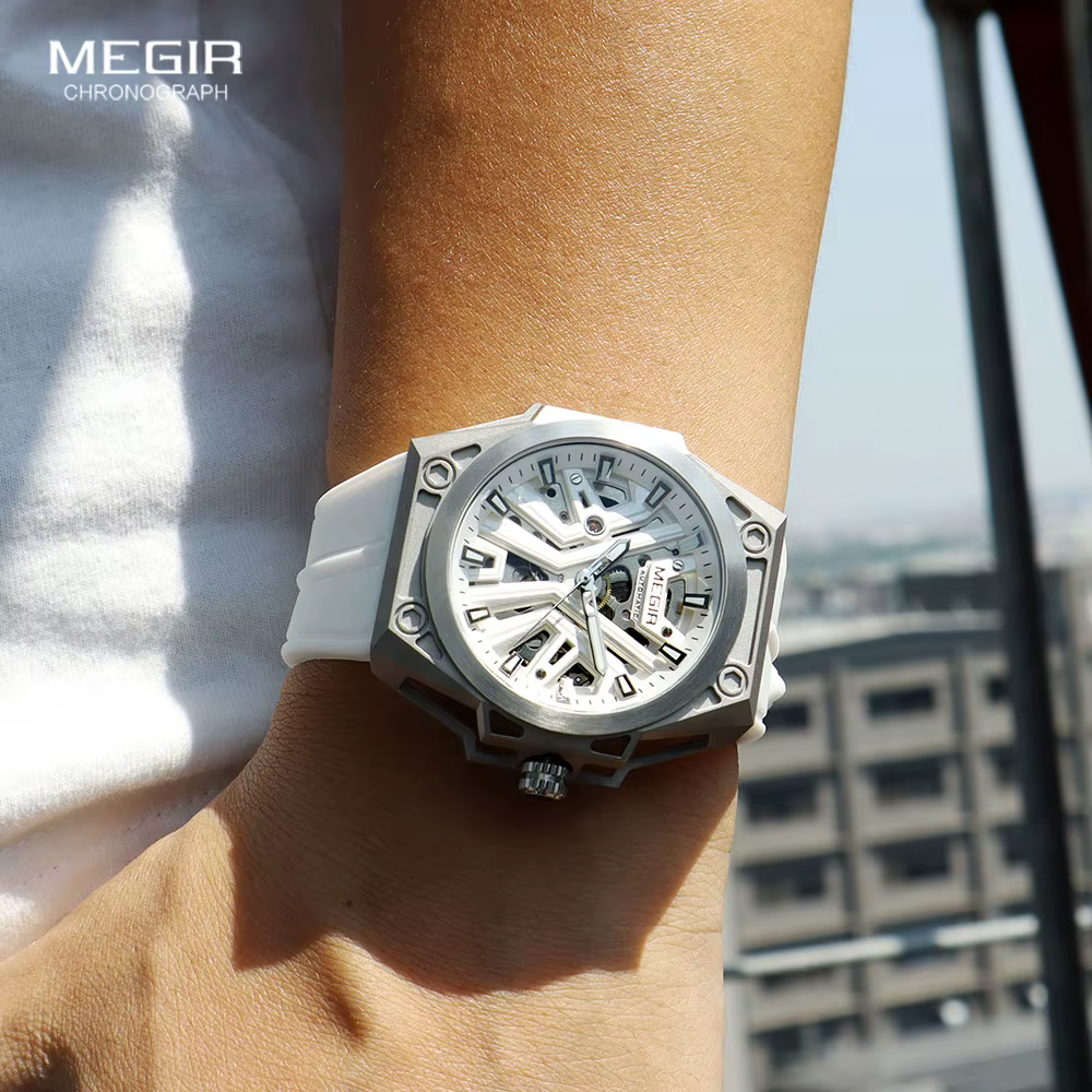 MEGIR montre automatique de mode pour hommes Sport militaire montre-bracelet mécanique étanche avec cadran squelette bracelet en Silicone 8603