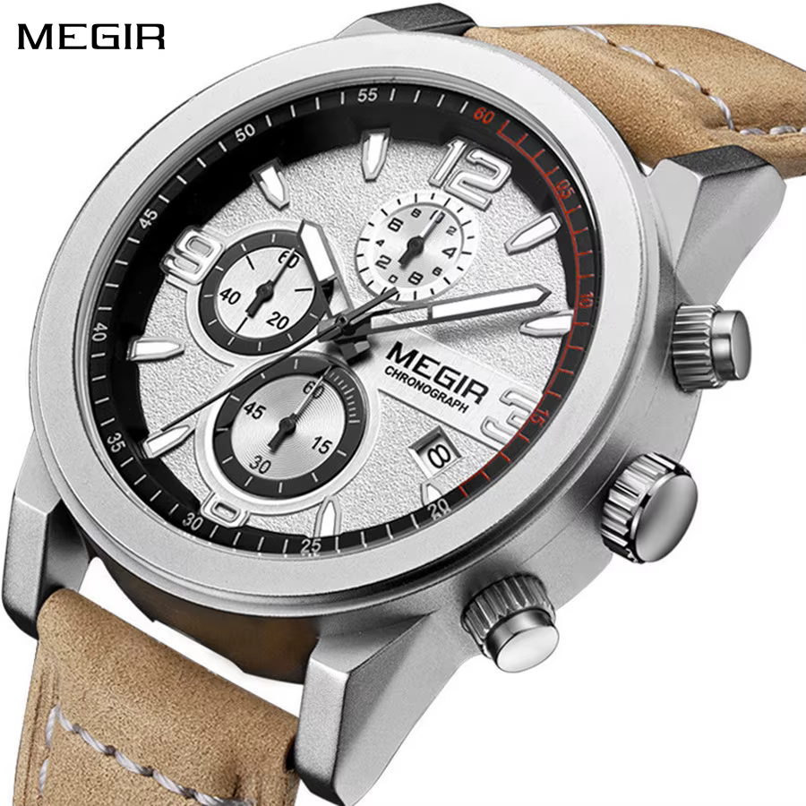 MEGIR bracelet en cuir montres de sport pour hommes mode montre-bracelet à Quartz étanche lumineux homme décontracté chronographe horloge Date 2026