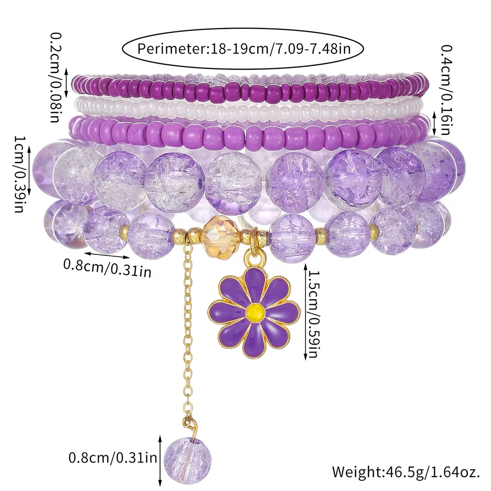 Ensemble de bracelets perlés marguerites violettes mignonnes pour femmes, style bohème, avec perles craquelées en cristal, extensibles et empilables, bijoux d'amitié, cadeau