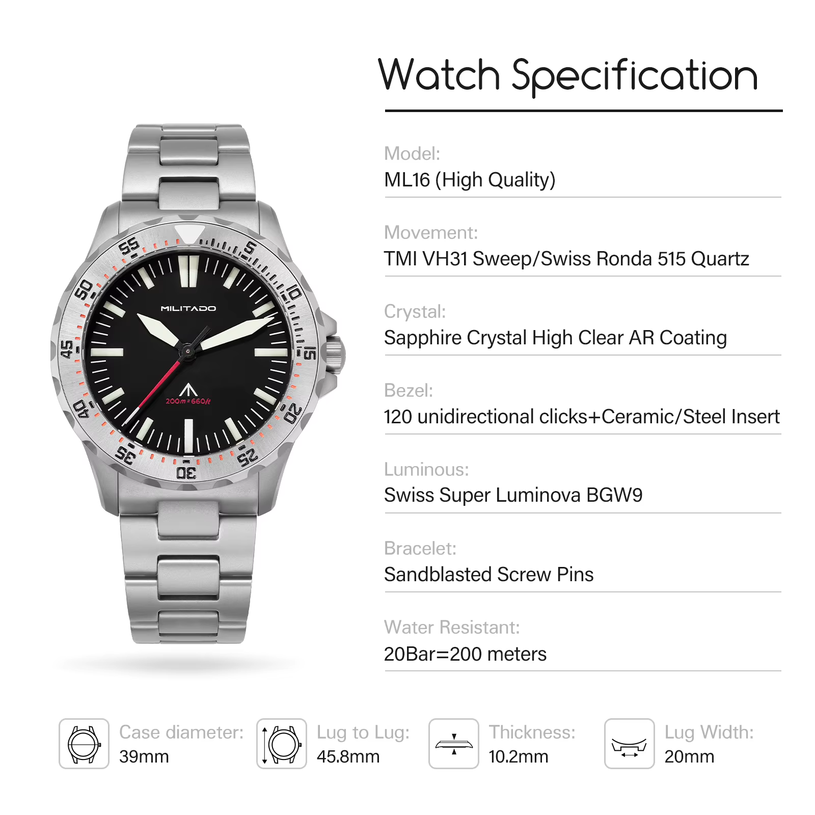 Montre de plongée à quartz Militado ML16 39 mm, verre saphir, résistance à l'eau 200 m, lunette en céramique, luminescence BGW9, couronne à visser