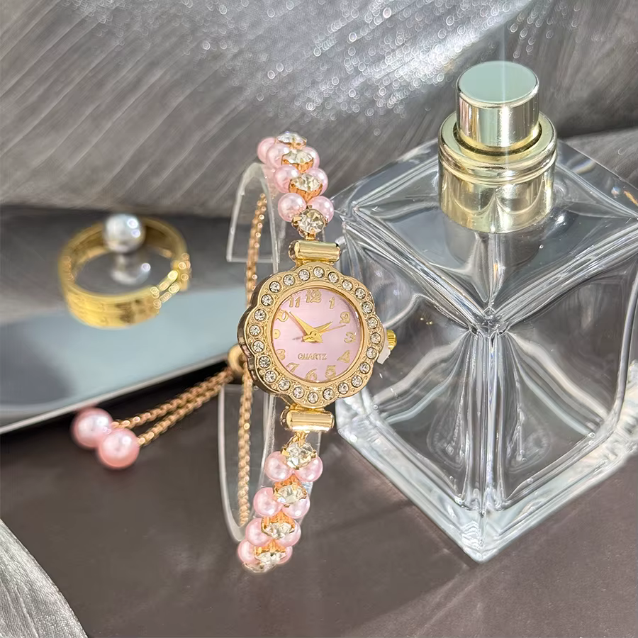 Montre à Quartz pour femmes, Bracelet ouvert en perles à Double rangée, boîtier incrusté de diamants, échelle de chiffres arabes