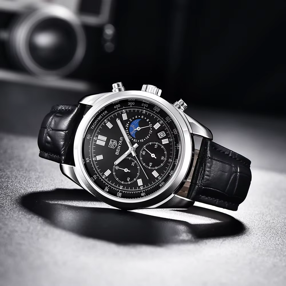 Montre à Quartz pour homme, chronographe de 42mm de diamètre et de 13mm d'épaisseur avec cadran fonctionnel, bracelet en cuir, étanche 50M