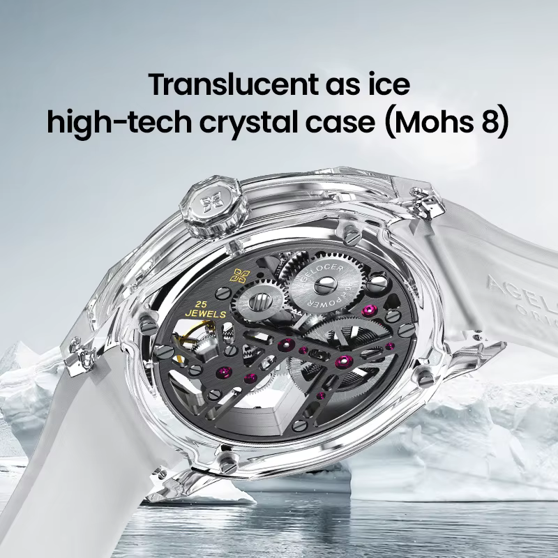 AGELOCER Édition Limitée "Ice Never Melts" Montre Tourbillon à Cristaux à Ressort Libre Montres Mécaniques Manuelles de Luxe