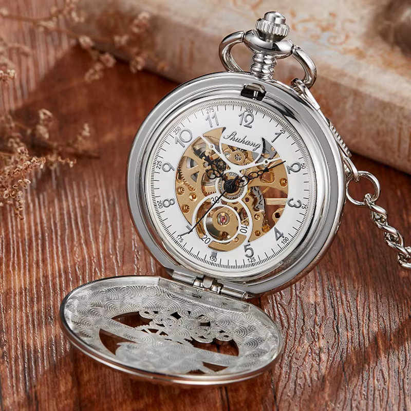 Montre de poche mécanique squelette vintage dorée