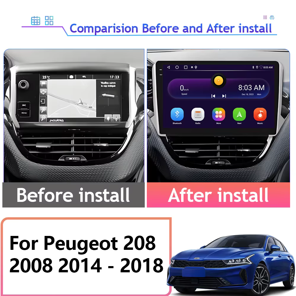 Autoradio Android pour Peugeot 208 2008 2014 - 2018, écran QLED haute performance, navigation GPS, unité centrale 4G Wifi DVD