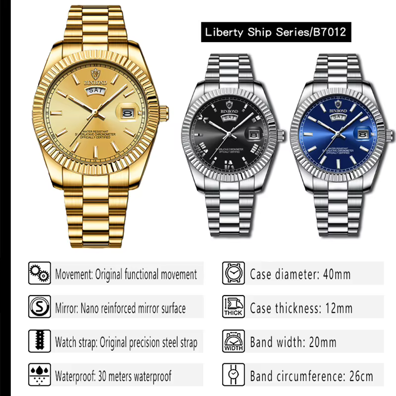BINBOND B7012 hommes mode affaires sport montre à Quartz 30M étanche lumineux classique calendrier horloge créative