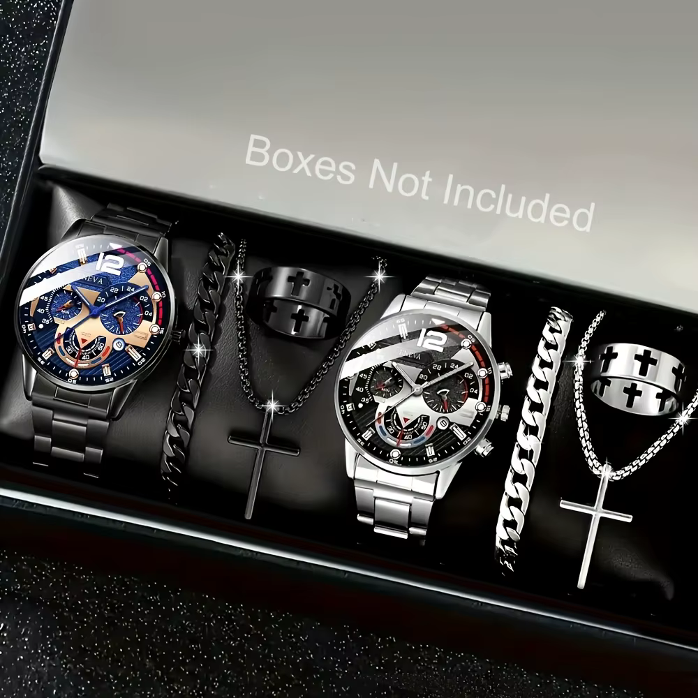 Ensemble de montre à quartz pour hommes 8 pièces, avec un cadran circulaire noir, un bracelet, un collier et une bague