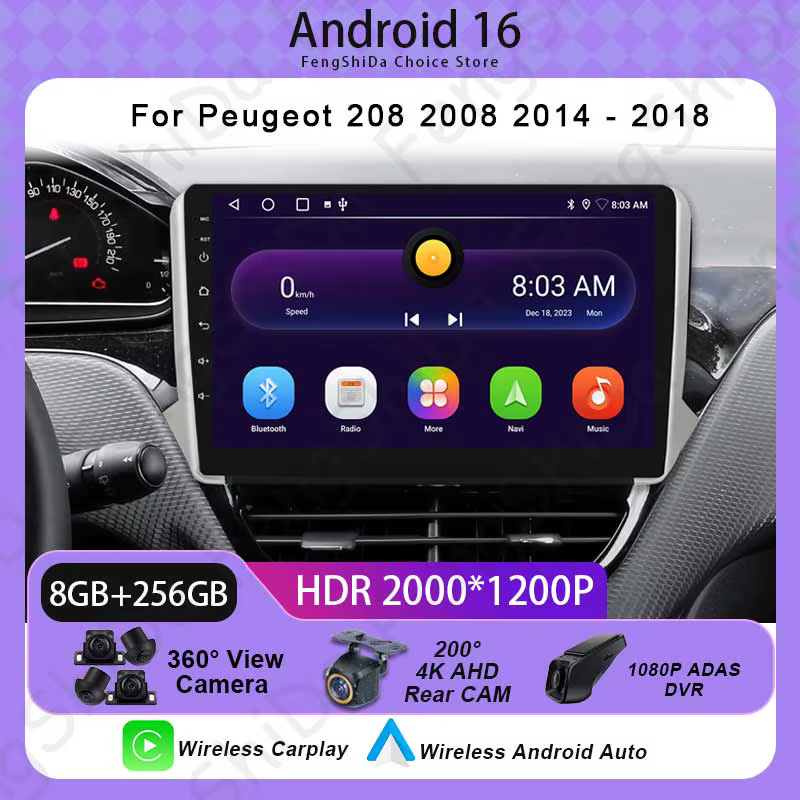 Autoradio Android pour Peugeot 208 2008 2014 - 2018, écran QLED haute performance, navigation GPS, unité centrale 4G Wifi DVD
