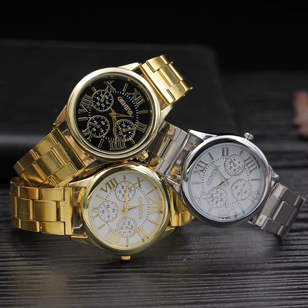 2025 Vintage nouvelle marque 3 yeux or genève montre à quartz décontractée femmes en acier inoxydable robe montre-bracelet dames horloge