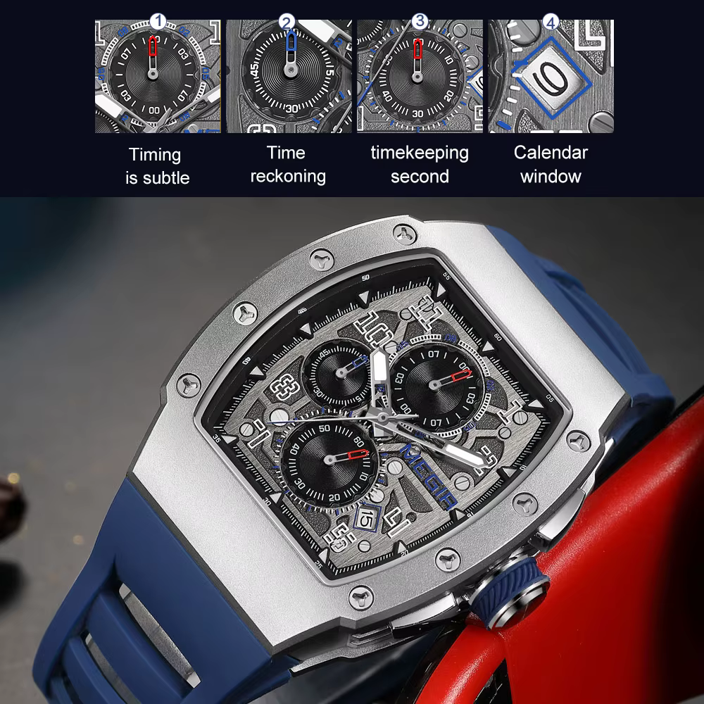 MEGIR chronographe montre à Quartz pour hommes mode étanche lumineux bracelet en Silicone 316 boîte en acier inoxydable mâle montre-bracelet Date
