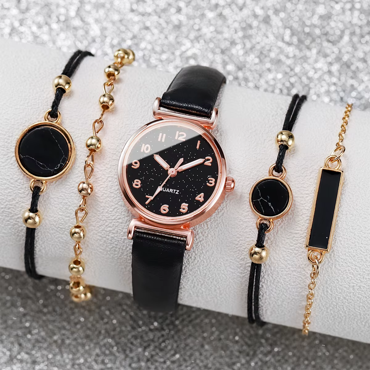 Montre à quartz avec bracelet en cuir et cadran ciel étoilé pour femme