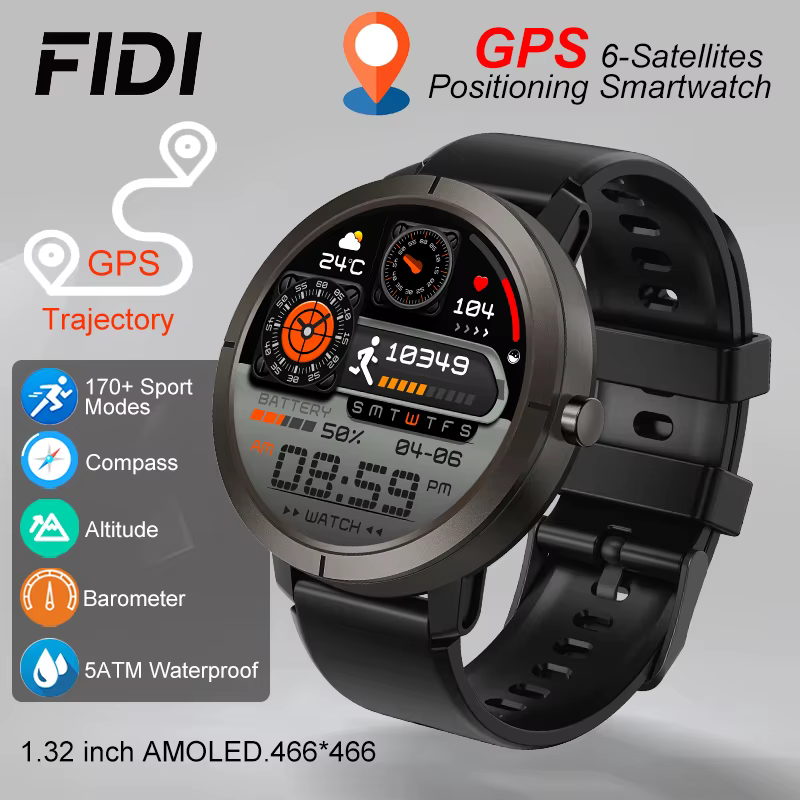 FIDI GPS 6-Satellites montre intelligente 1.32 "HD AMOLED affichage GPS intégré Bluetooth appels téléphoniques sport 5ATM étanche Smartwatch