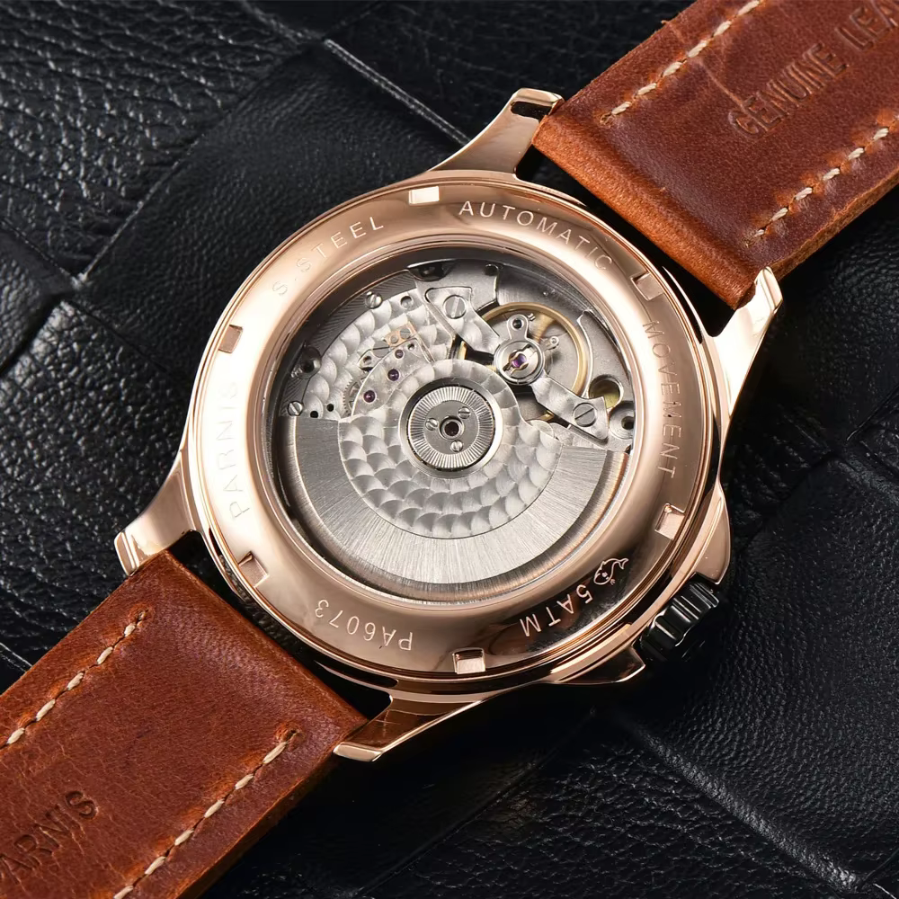Parnis 44mm boîtier en argent automatique mécanique hommes montre indicateur de réserve de marche marqueur lumineux