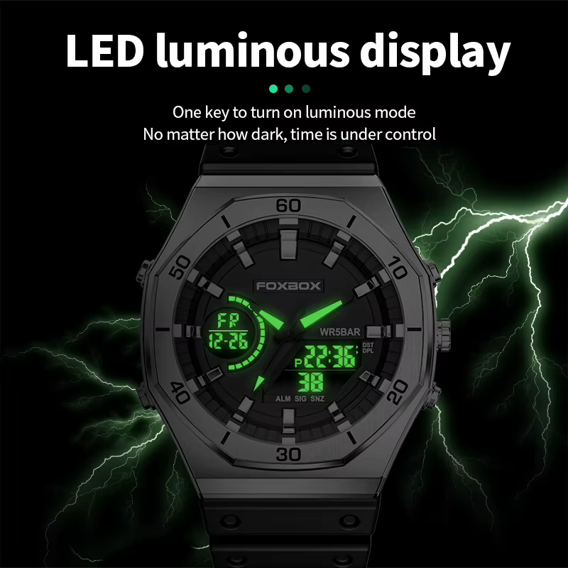 FOXBOX nouvelles montres à double affichage pour hommes sport décontracté chronographe Quartz grand cadran montre-bracelet Silicone étanche horloge numérique