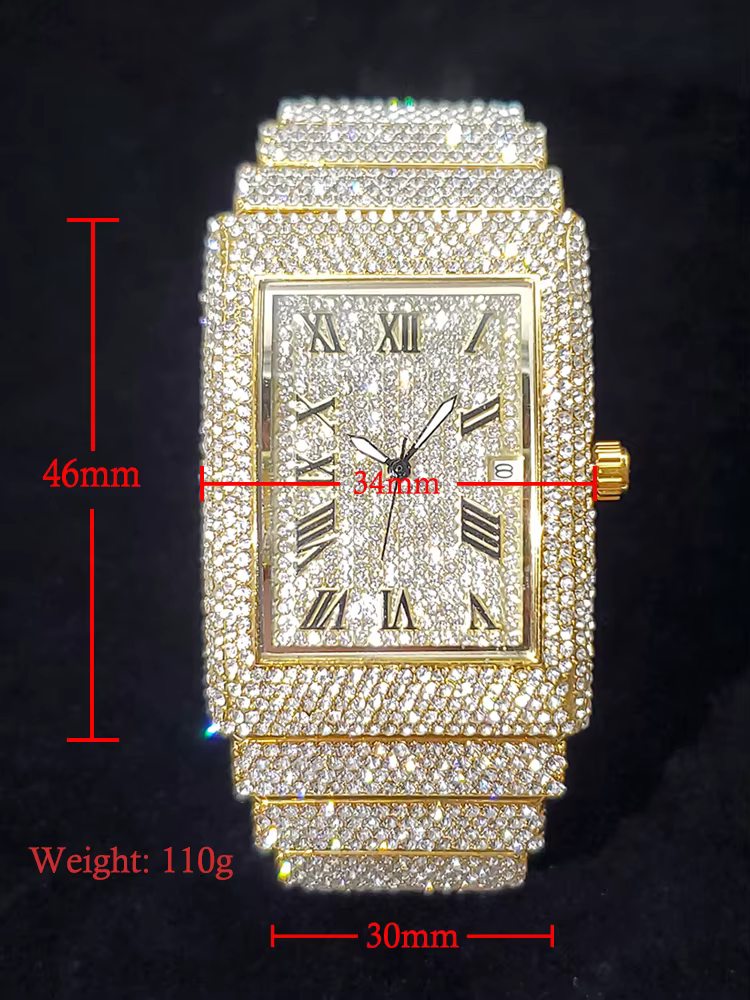 Montres pour hommes en or cadran rectangulaire de luxe diamant mode grandes