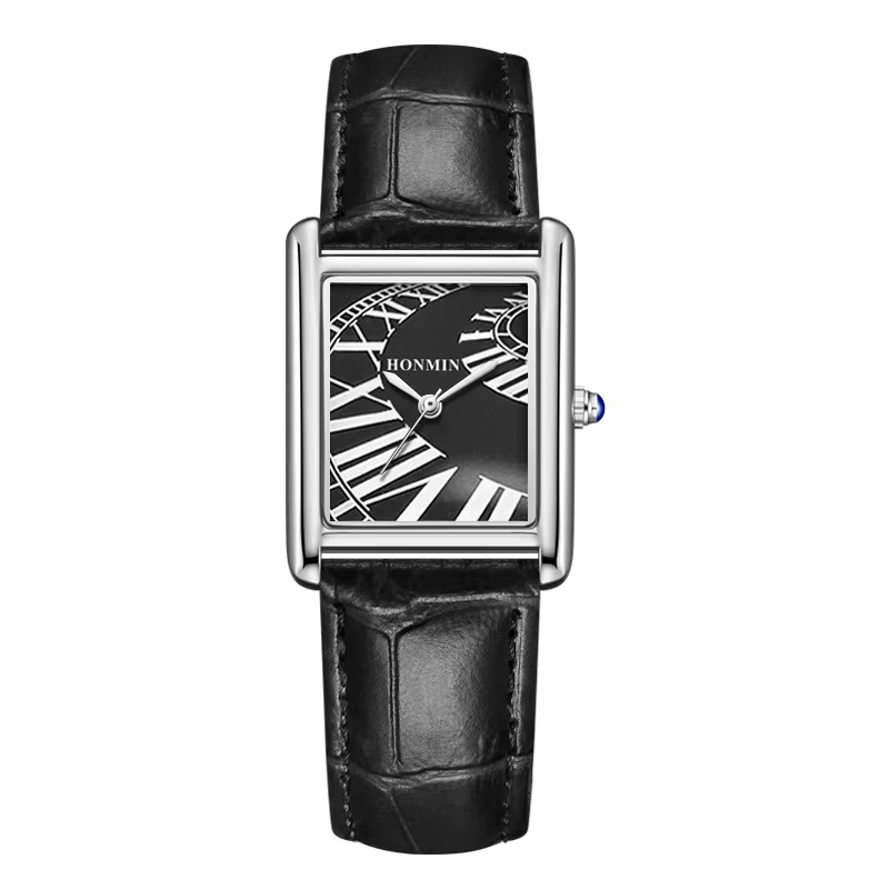 Nouvelle montre inhabituelle pour hommes Reloj noir blanc argent or Quartz montre-bracelet homme d'affaires rectangulaire en forme d'horloge bracelet en cuir