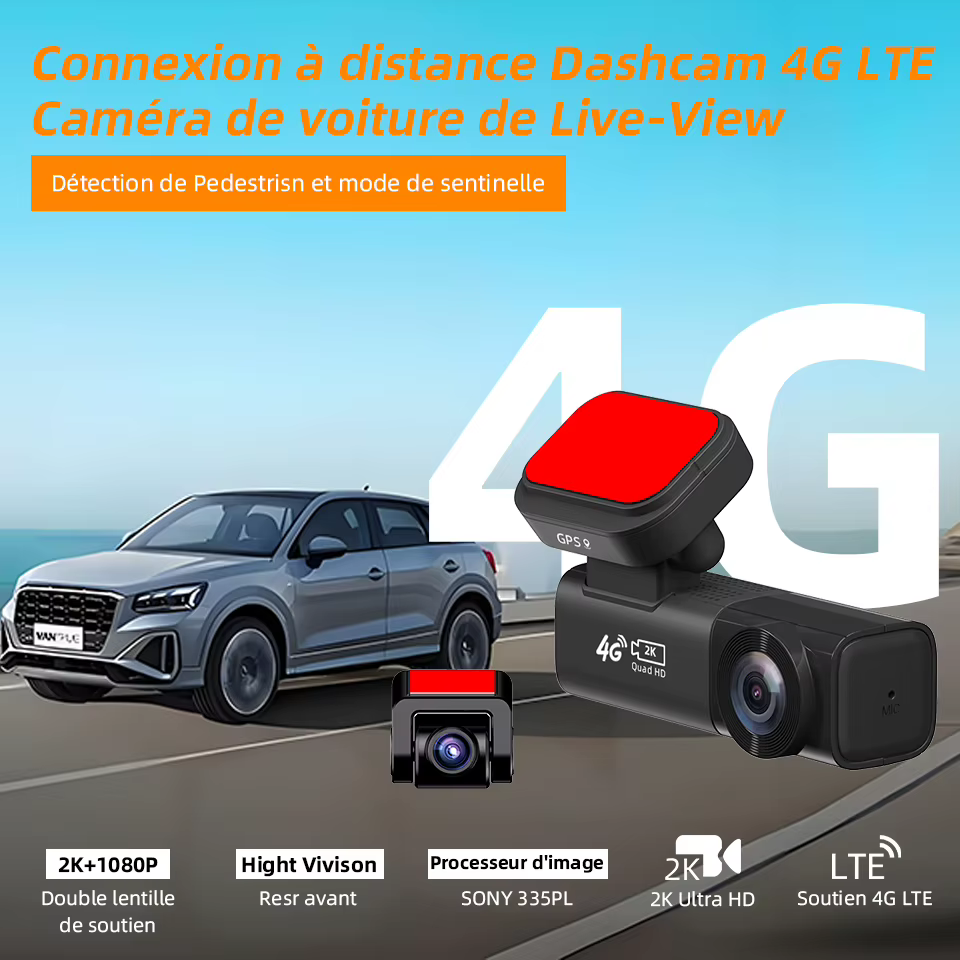 Acceo – caméra de tableau de bord de voiture 4G LTE connectée, suivi GPS en temps réel, vue en direct, enregistrement avant et arrière 2K, avertissement de Collision, détection humaine