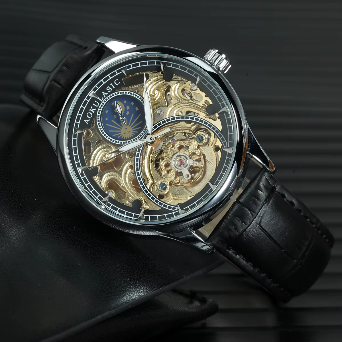 AOKULASIC Tourbillon hommes montres haut de gamme de luxe squelette automatique montre mécanique bracelet en cuir décontracté Phase solaire mâle horloge