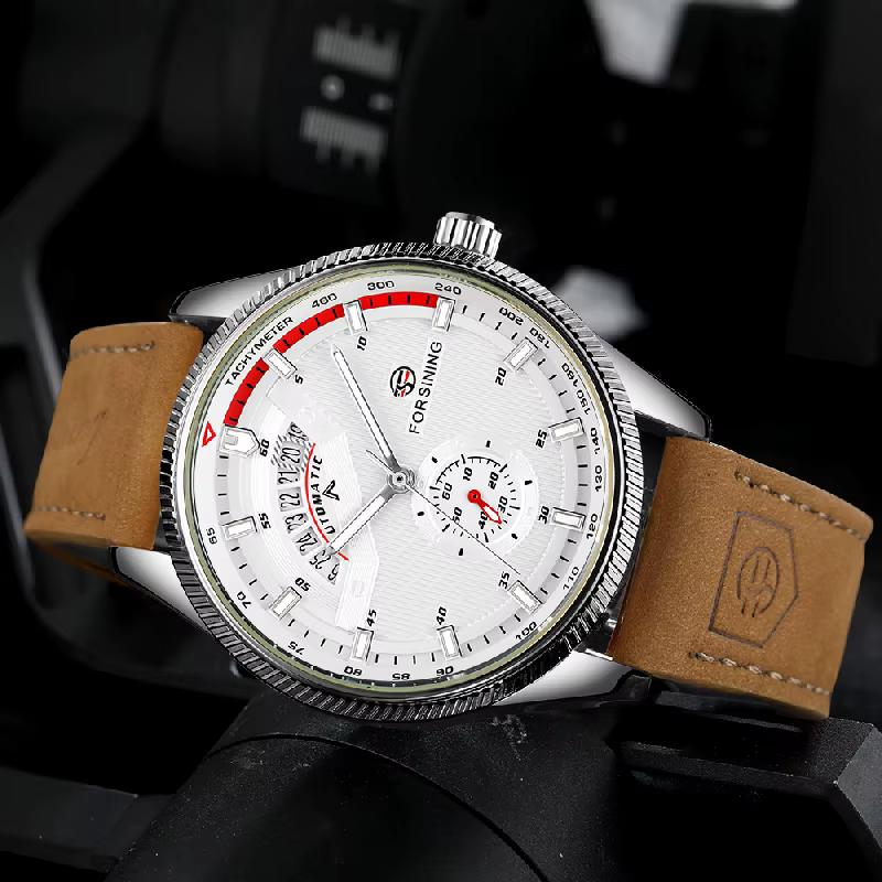 Montre de sport FORSINING pour homme, automatique, à remontage automatique, mécanique, avec date, bracelet en cuir, montre-bracelet pour homme d'affaires, résistante à l'eau