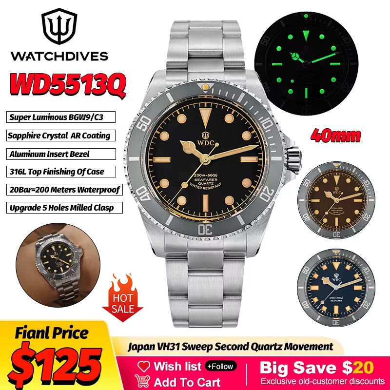Watchdives WD5513Q Montre de plongée à quartz VH31 Mouvement à balayage Saphir Étanche 20 bars Lunette en aluminium 40 mm Montres vintage en acier inoxydable
