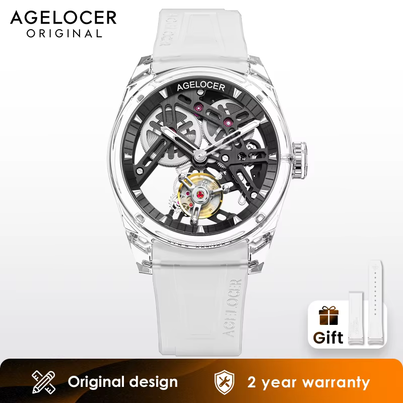 AGELOCER Édition Limitée "Ice Never Melts" Montre Tourbillon à Cristaux à Ressort Libre Montres Mécaniques Manuelles de Luxe