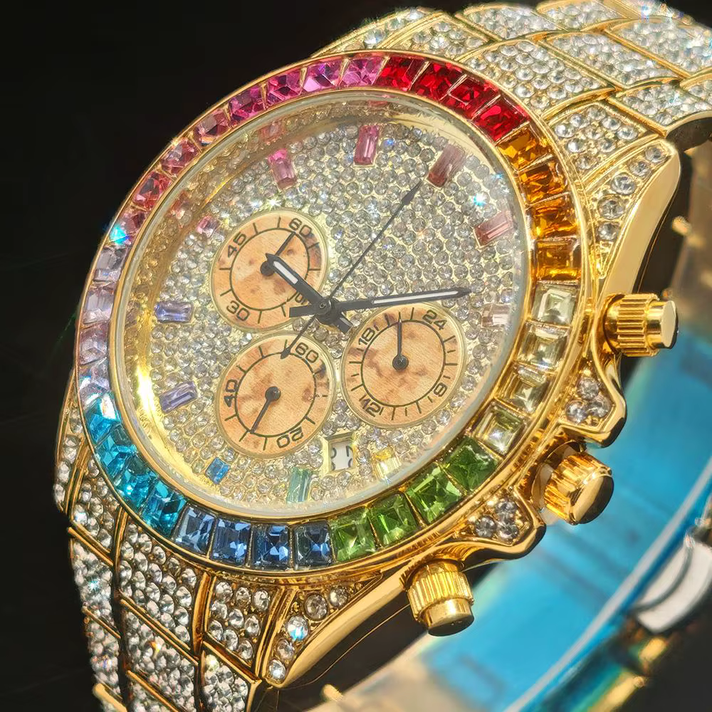 Vente chaude mode montre en or pour hommes marque UNIGUET Hip Hop arc-en-ciel diamant brillant bijoux Quartz montre-bracelet mâle livraison directe