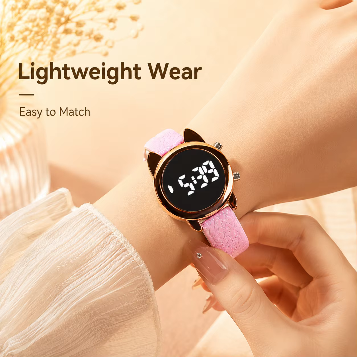 Montre numérique LED pour femme avec design oreilles de chat