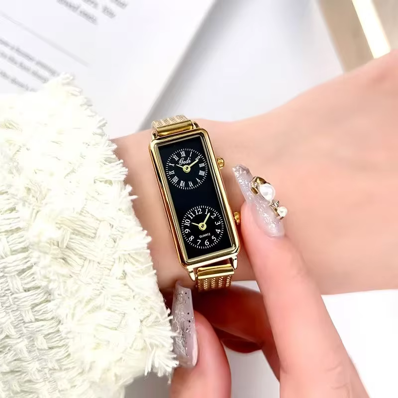 Femmes montre à Quartz de luxe double temps 2 mouvement horloge en acier inoxydable Reloj Mujer Rectangle Orologio filles or argent montre-bracelet