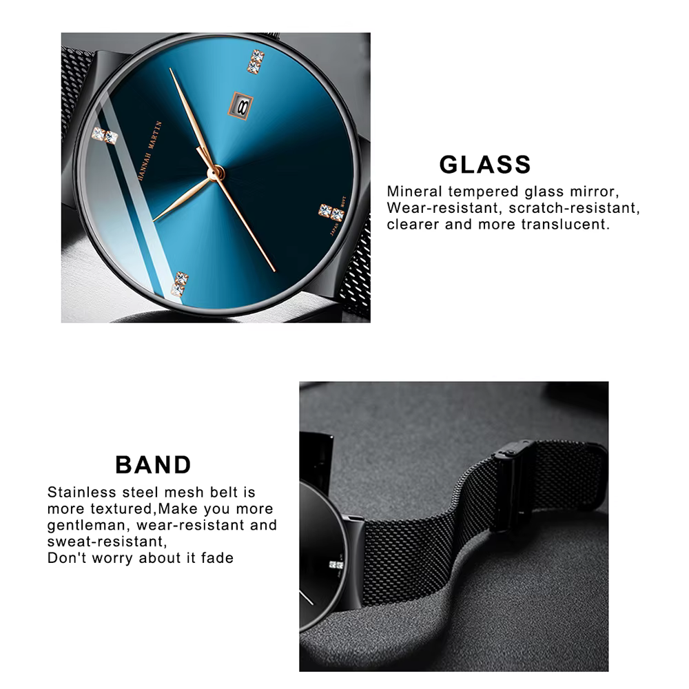 Hannah Martin montre pour hommes avec mouvement importé japonais affaires en acier inoxydable maille ceinture 3Bar