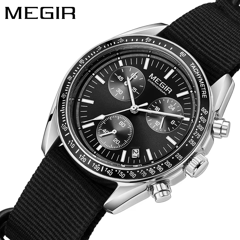 MEGIR 2247 Sport nouvelle montre noire chronographe décontracté vie tissage bracelet Quartz étanche montre-bracelet pour homme