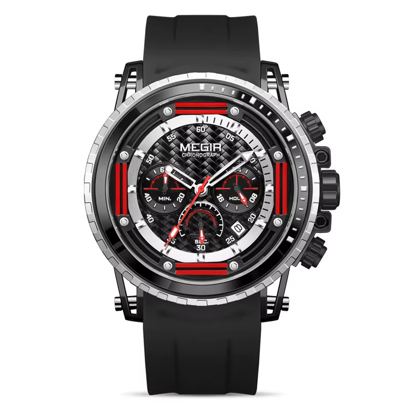 Montre chronographe à quartz pour homme, modèle Sport Three Eye, avec calendrier lumineux, étanche et multifonction, et bracelet en silicone.