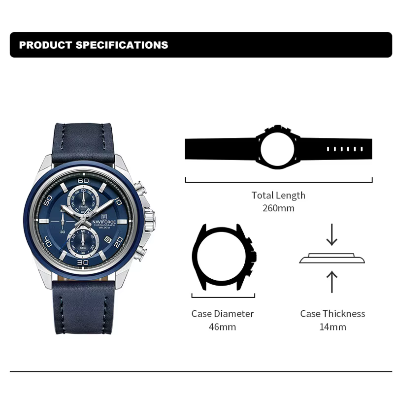 NAVIFORCE marque montres pour hommes bracelet en cuir véritable chronographe Quartz affichage de la Date montre-bracelet Sport étanche mâle cadeau horloge