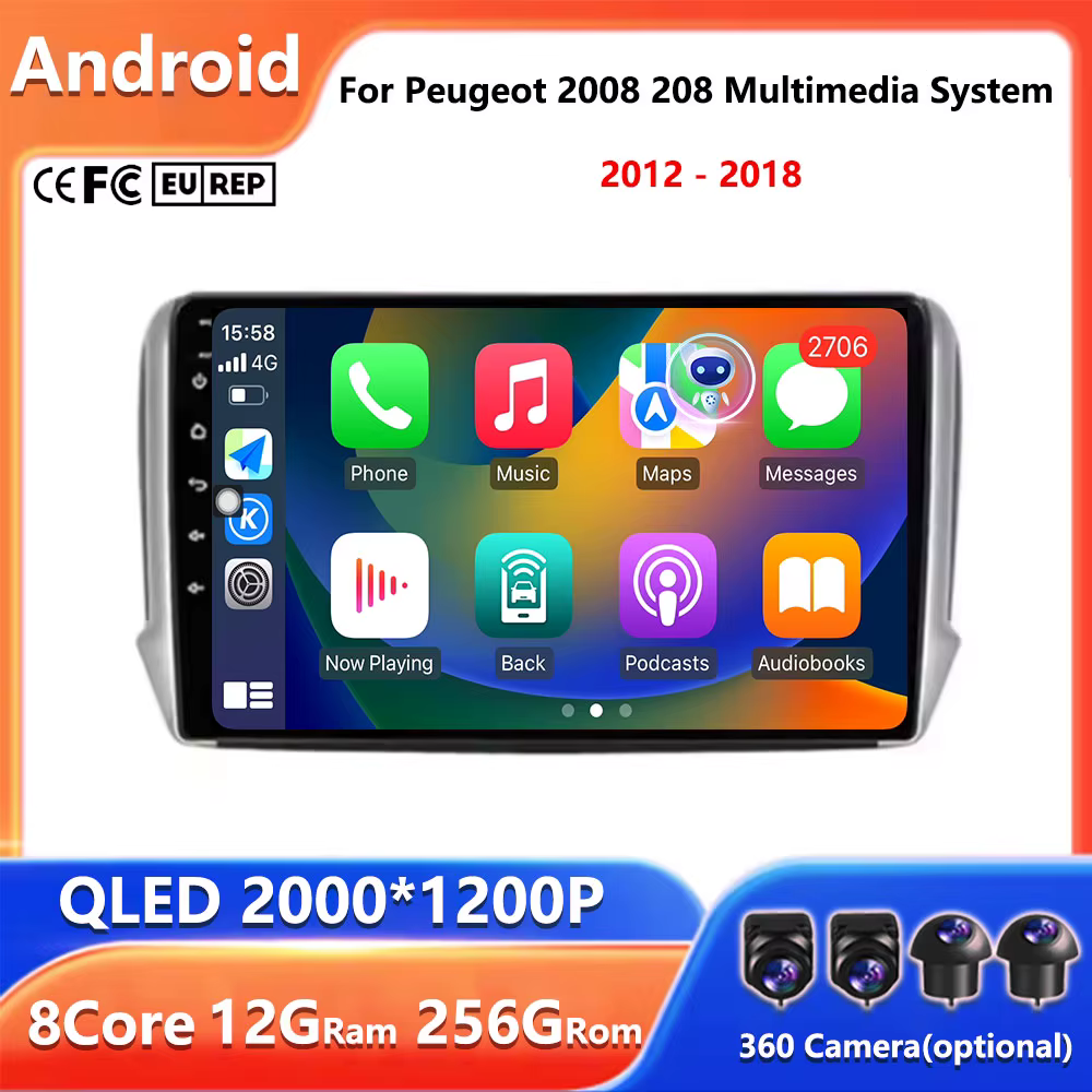 Système multimédia Android 16 pour Peugeot 2008 208 (2012-2018) - Navigation GPS, autoradio, WIFI, 4G, FM, Carplay, vidéo