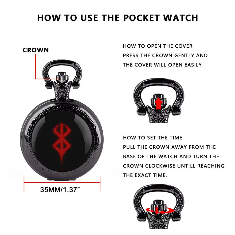 Coffret cadeau de montre de poche à quartz au design cool Berserk - Chaîne robuste + cadran à chiffres arabes