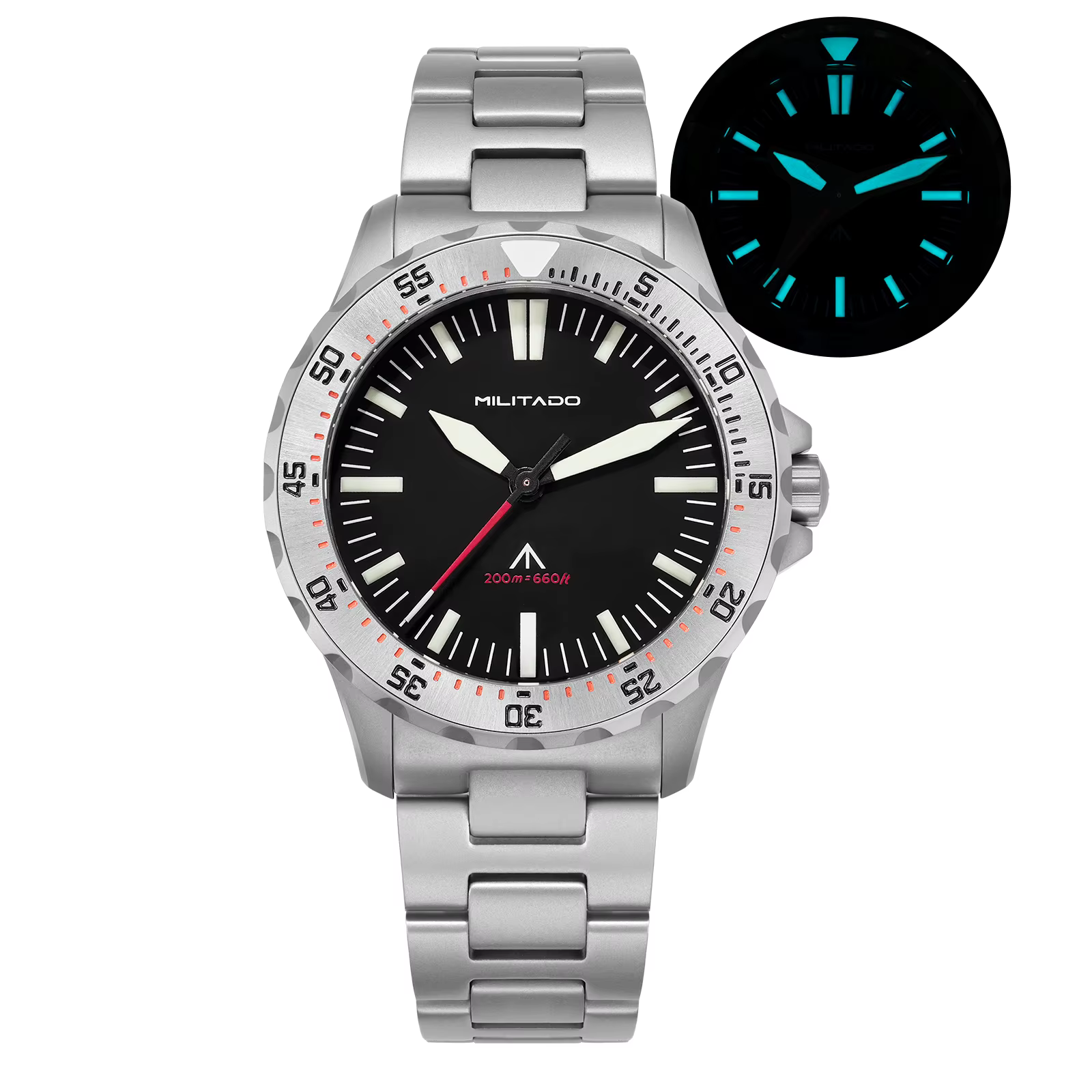 Montre de plongée à quartz Militado ML16 39 mm, verre saphir, résistance à l'eau 200 m, lunette en céramique, luminescence BGW9, couronne à visser