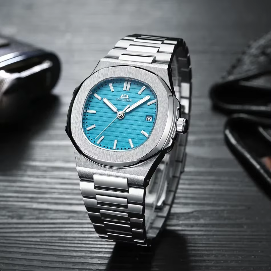 Montres automatiques pour hommes mouvement mécanique lumineux en acier inoxydable cadran bleu gris Simple affaires Reloj Hombre Baratos