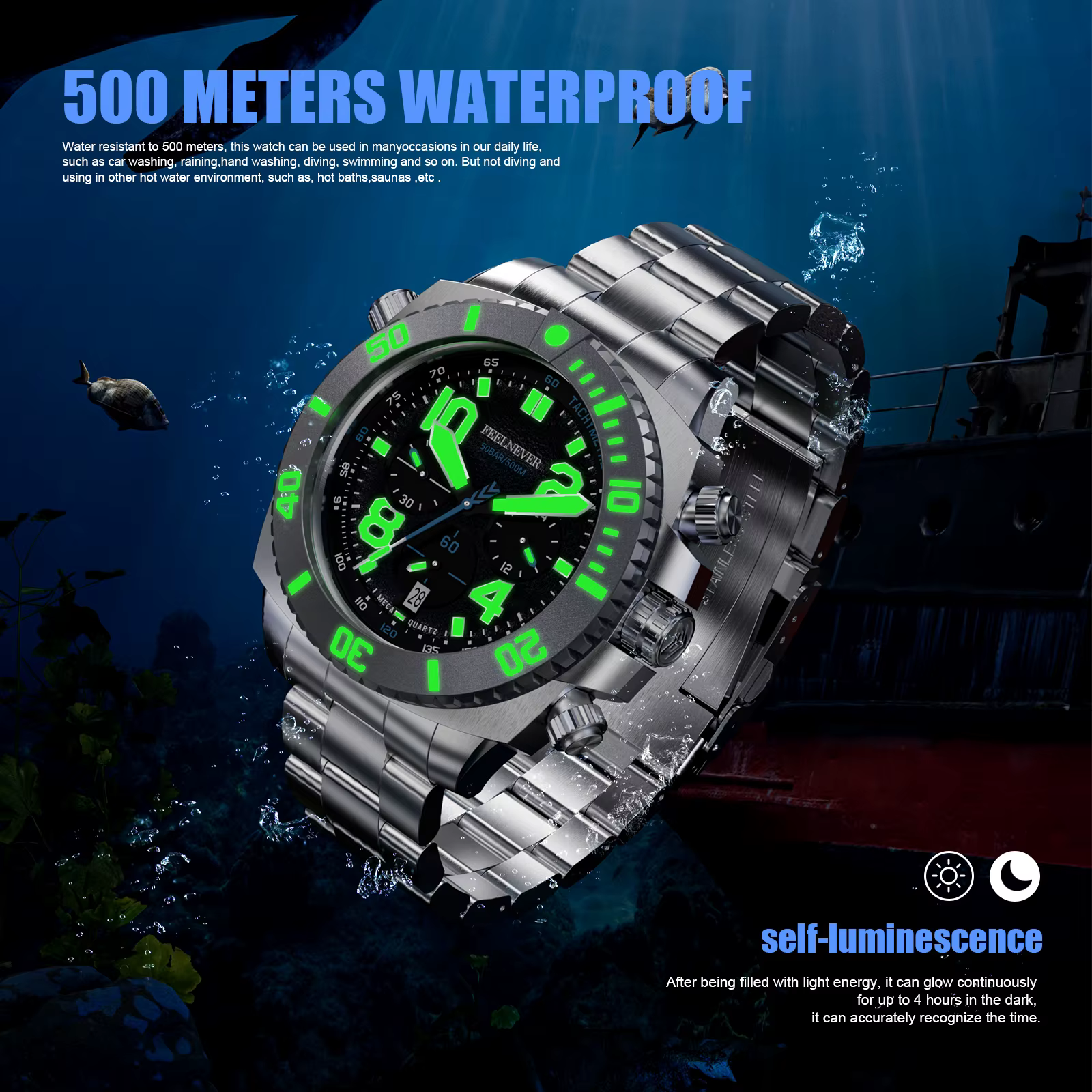 Sport mouvement automatique montre à Quartz en acier inoxydable saphir cristal montres hommes 500M étanche horloges