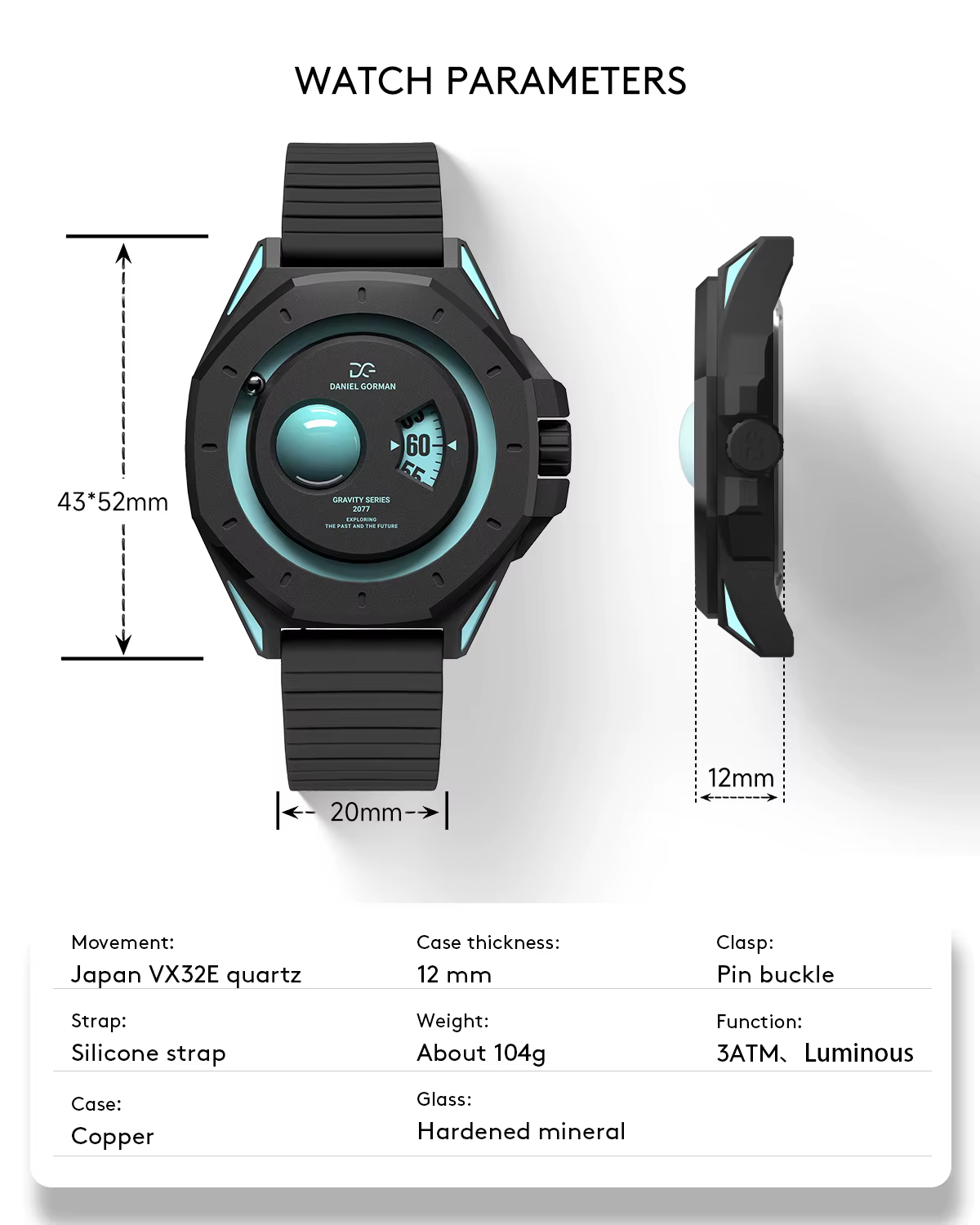 Montre à quartz pour homme Daniel Gorman Gravity Series - Cadran bleu glace Uranus, design science-fiction, montre sport avec bracelet en silicone