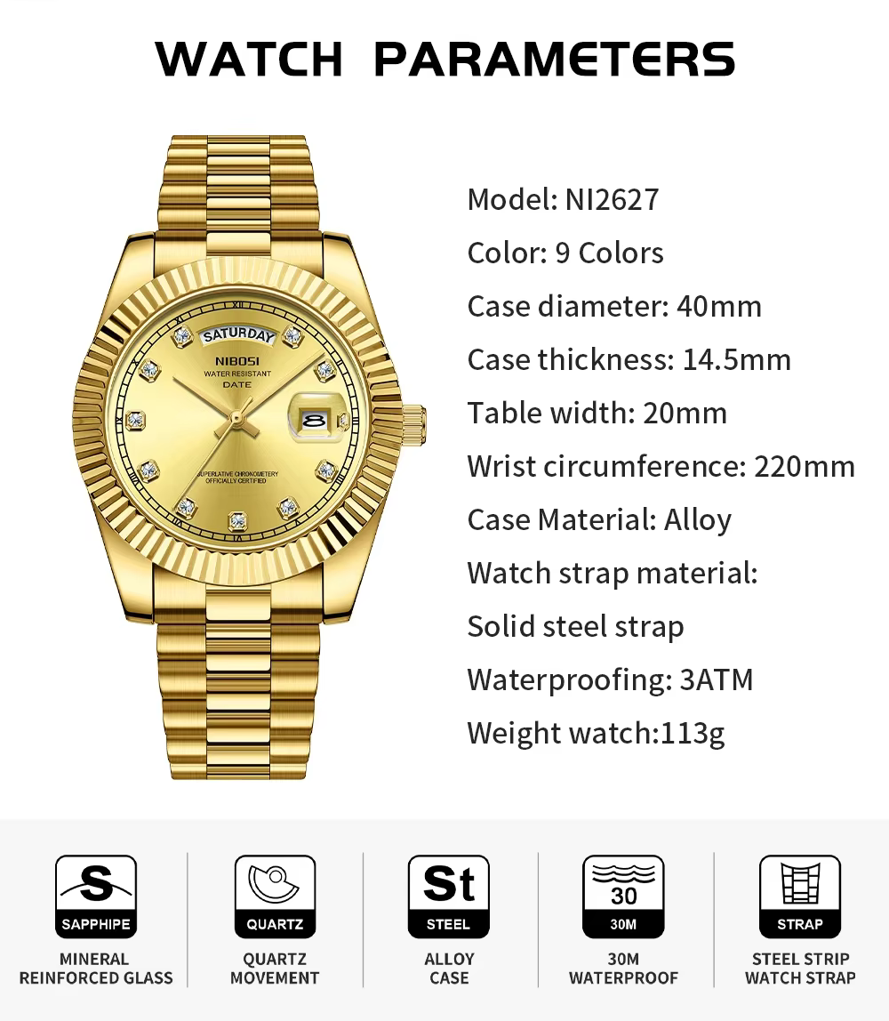 NIBOSI hommes montres haut de gamme de luxe or diamants montre classique