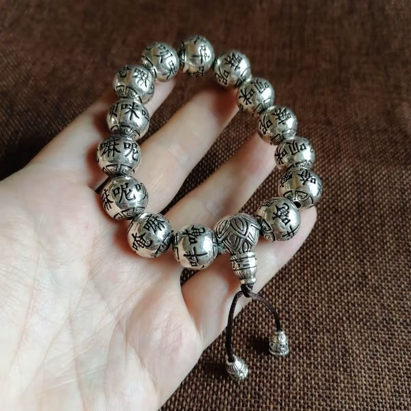 Bracelet Mala Bouddhiste Om Mani Sculpté, Style Argent Tibétain Vintage, Bracelet Perlé avec Mantra à Six Syllabes
