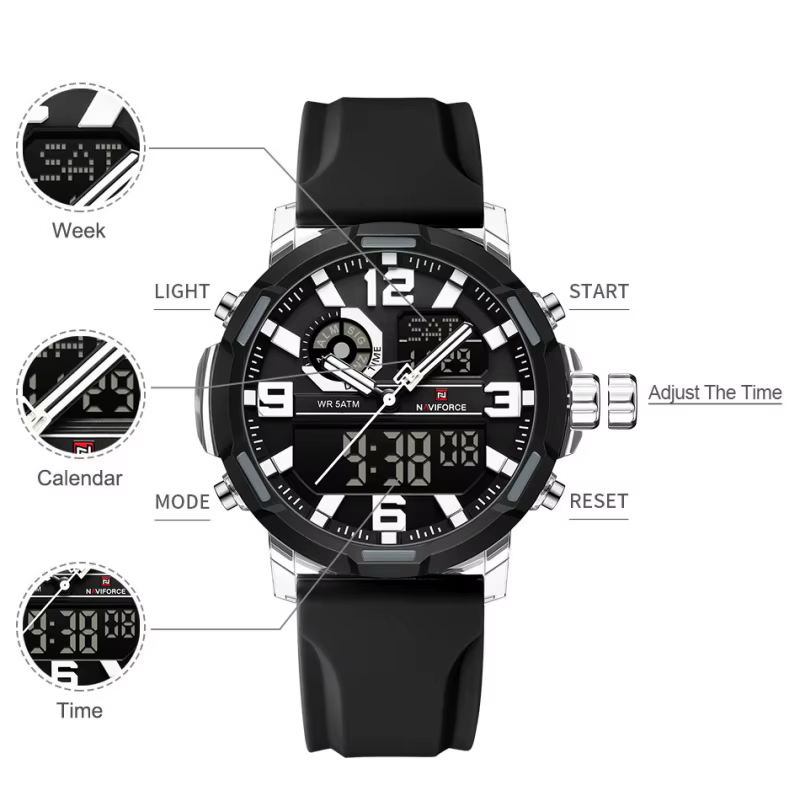 NAVIFORCE 2026 Montre Chronographe Homme Étanche 5ATM Double Affichage Alarme Semaine Mode Sport Cadeau Montre-Bracelet Relogio Masculino