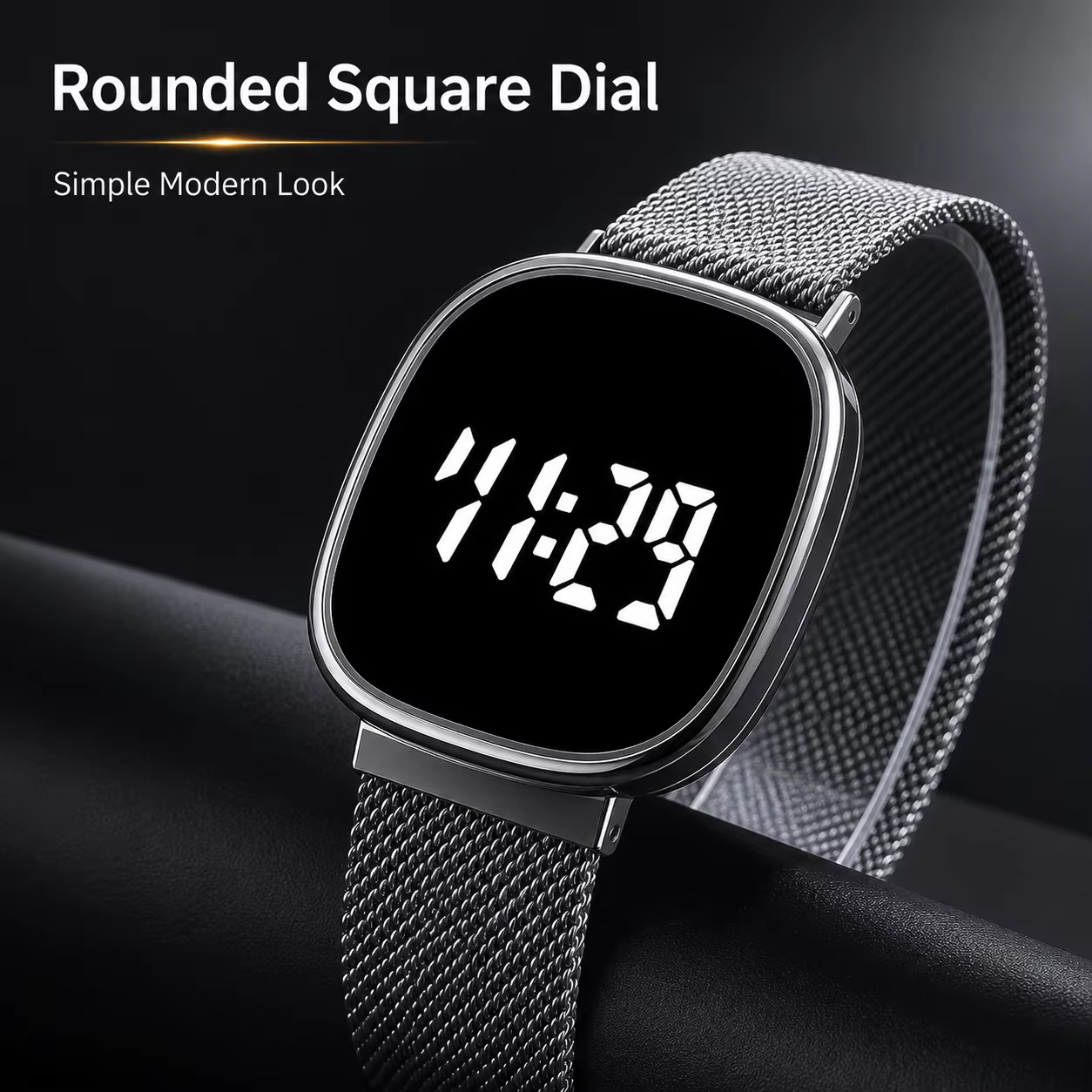Montre à bracelet en maille métallique avec affichage numérique LED, montre-bracelet électronique carrée arrondie unisexe.